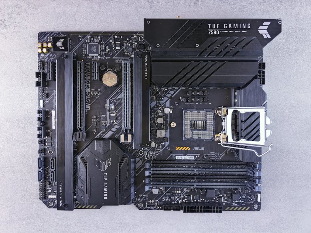 The motherboard of a computer with a black and white design